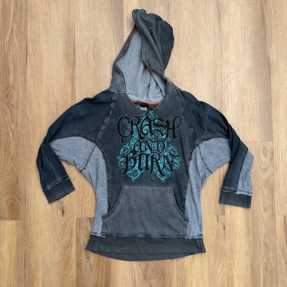Crash and Burn Hoodie Grey Turquoise Rhinestone Y2K Graphic Top emo grunge S